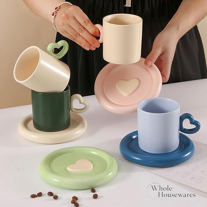 Ceramic Coffe Mug - Creative Cup of Art Aesthetic Mugs - Tea Cup with Extra Wide Loop and Bottom - Unique Handle Design - Chunky Mugs - Dishwasher and Microwave Safe - Trendy Mugs - Set of 4