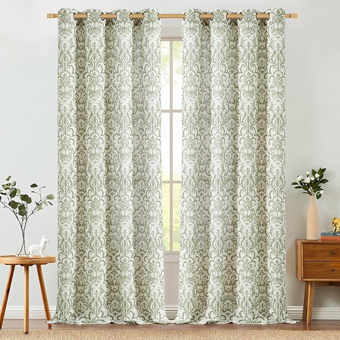 jinchan Curtains for Bedroom, Light Filtering 96 Inch Length 2 Panels Set, Baroque Style Linen Blend Drapes Living Room, Vintage Damask Window Treatments, Grommet Top Sage Green on Flax, W52 X L96