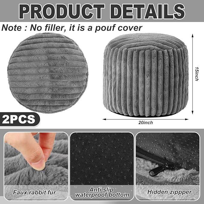 2 Pcs 20 x 15 Inch Unstuffed Pouf Cover Ottoman Foot Rest - No Filler, Faux Rabbit Fur Foot Stool Floor Bean Bag Floor Chair Storage for Living Room Bedroom Home Decor(Gray)
