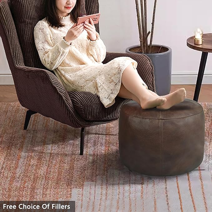 Thgonwid Unstuffed Faux Leather Pouf Cover, Handmade Footstool Ottoman Storage Solution, Floor Footrest Cushion - 16.5”Dx12”H, Matte Coffee