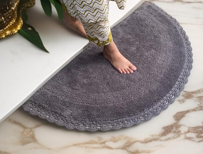 Half Circle Bohemian Bathroom Rug with Handwoven Chrochet Border, Beautifully Handcrafted 100% Cotton Mat - 22x42, Round Boho Bedroom Rug, Boho Bathroom Décor, Machine Washable Grey