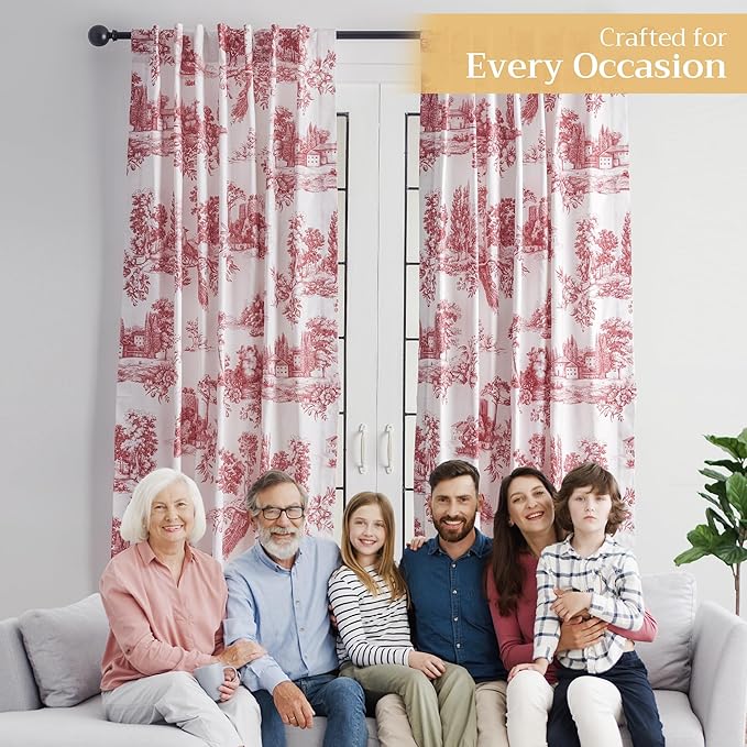 Maison d' Hermine Curtains for Living Room 100% Cotton 108 inch Length Two Panels Light Filtering Toile Curtains for Bedroom Windows with Rod and Loop Pockets Drapes (Trianon Red, 50" W x 108" L)