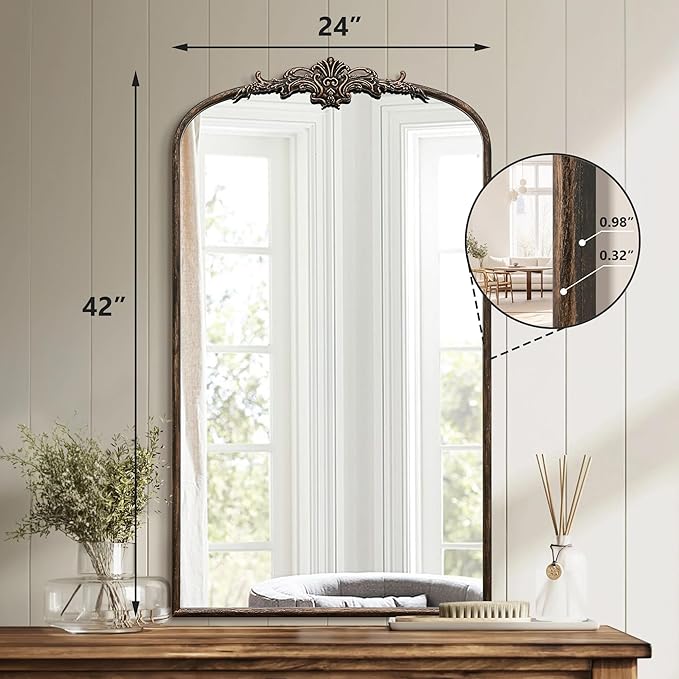 Antique Baroque Arched Mirror: 24"x42" Black Vintage Wall Mounted Mirror - Traditional Ornate Metal Frame - Ideal for Entryway/Living Room/Hallway/Bathroom
