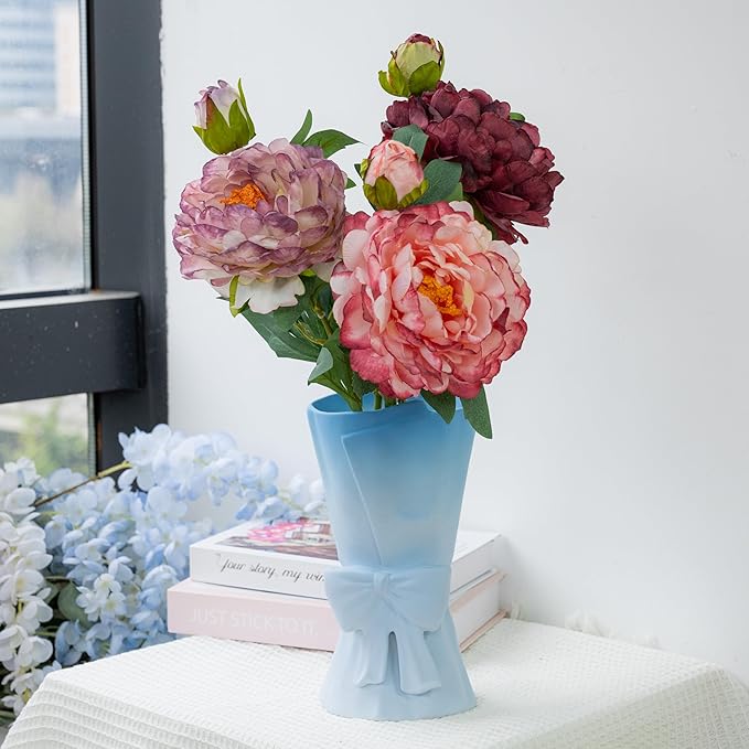 Gradient Blue White Ceramic Bow Vase 9.64 in Unique Cute Modern Decorative Bouquet Flower Vases for Home Living Room Table Decor Women Girl Gifts