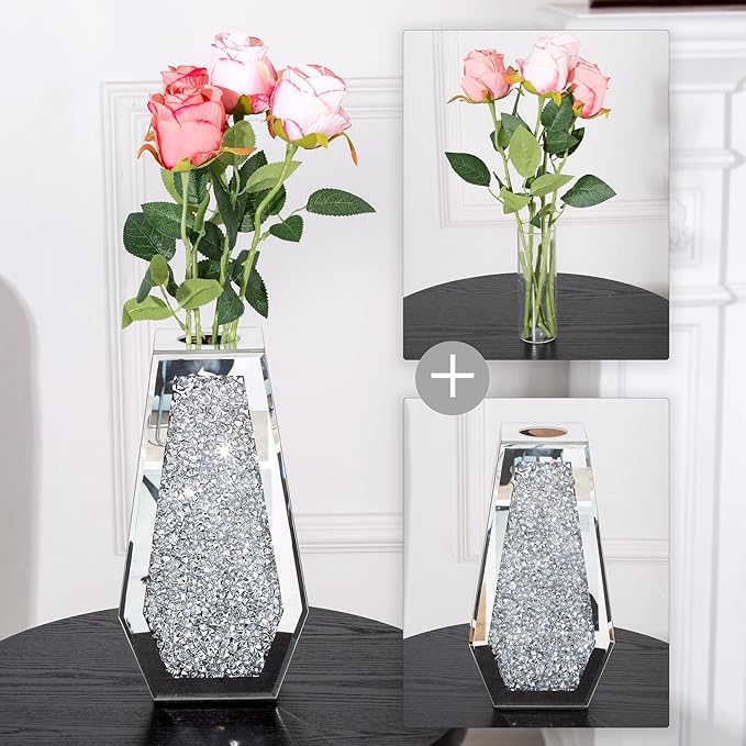Crushed Diamond Mirror Vase Silver Flower Vases for Decor Bling Crystal Glass Vase for Room Decor, 12 Inches (Can Hold Water)