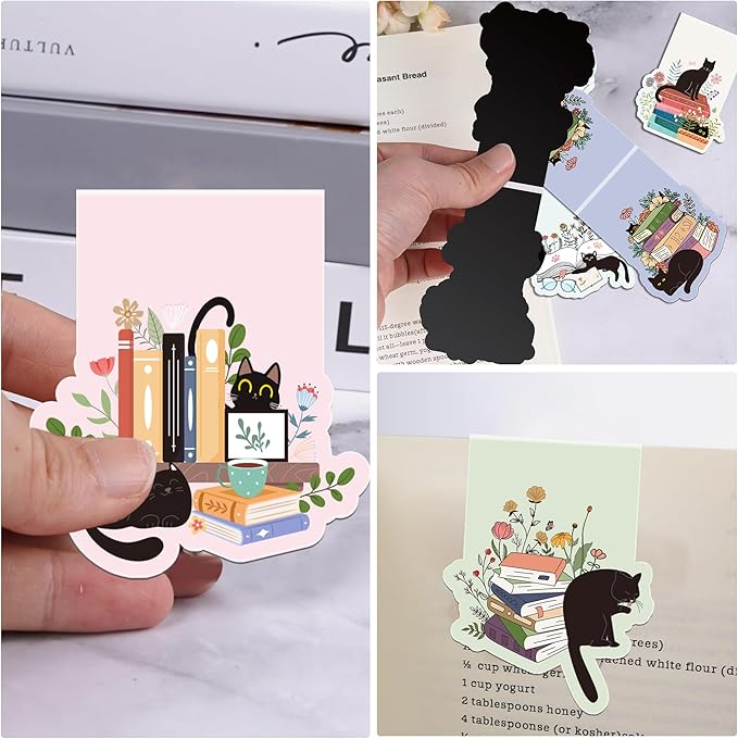 Black Cat Magnetic Bookmarks: 12 Pcs Cute Cat Magnet Book Page Markers, Pretty Flower Animal Book Mark Clips for Reading, Gifts for Kids Women Students Book Lovers Office School Supplies