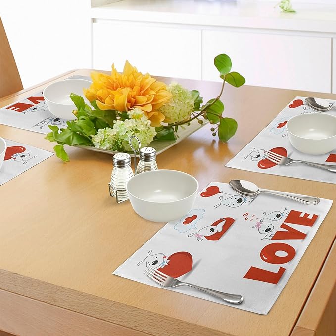 Ambesonne Valentines Day Place Mats Set of 8, Puppy Love Hearts and Dogs His Hers Heart Balloon Romantic Print, Washable Fabric Placemats for Dining Table, Placemat 8 pcs, Red White