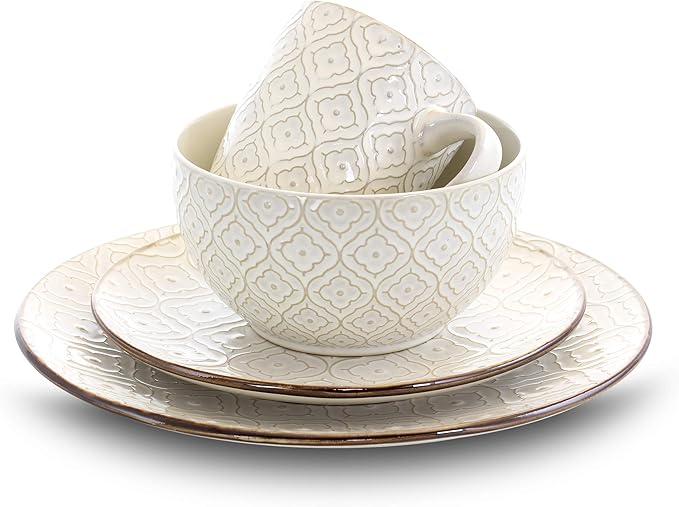 Elama White Lily 16 Piece Luxurious Stoneware Dinnerware with Complete Setting for 4