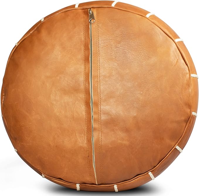 MARRAKESH STYLE Comfortable Leather Ottoman Pouf - Handmade Unstuffed Moroccan Pouf Cover - Round Pouf & Foot Rest Ottoman - Perfect for Living Rooms Bedrooms & Kids Room - Brown