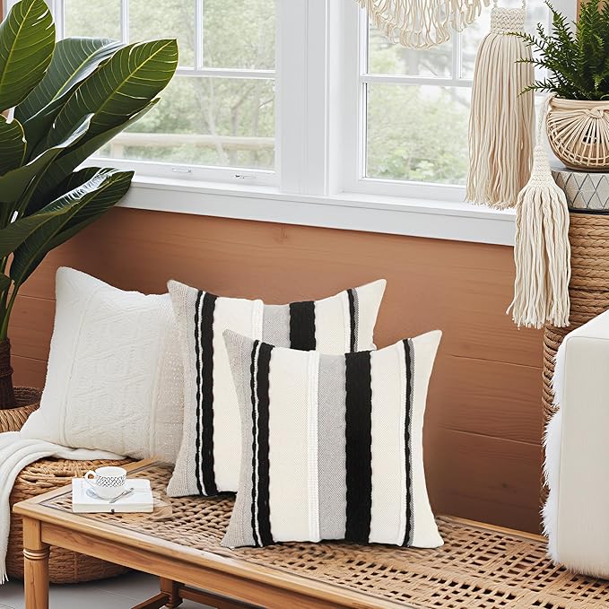 Tosleo Boho Throw Pillow Covers 18x18 Set of 2 Striped Decorative Pillow Cases Accent Chenille Pillowcases Farmhouse Cushion Case Bohemian Nuetral Textured Pillow Cover,Black and White