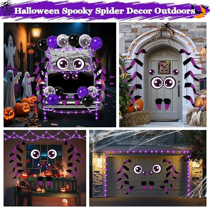 Halloween Trunk or Treat Car Decorations Kit - Halloween Car Decor with Spider Web, Balloons, Purple String Lights, Halloweens Spider Outdoor Decorations for Cars SUV Garage Door Entryway Archway