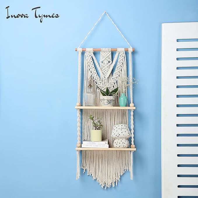 Macrame Wall Hanging Shelf - Boho Shelves Bedroom Decor | Macrame Wall Decor for Kitchen, Plant Hanger Shelves for Wall, Woven Rope Floating Shelves & Home Storage Organizer - 2 Tier