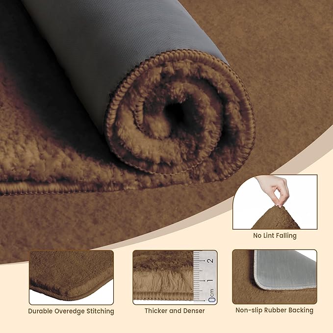 TECHMILLY Fluffy Bathroom Rug Mat 24x17, Absorbent Thick Non Slip Microfiber Mats, Quick Dry Machine Washable Bath Rug for Bathroom Floor, Bathtub and Shower, Tan