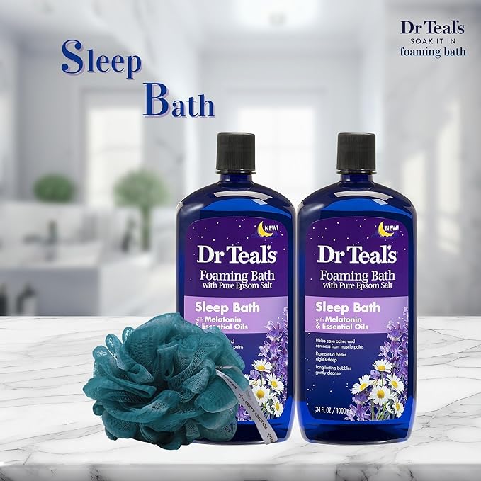 Dr. Teal's Melatonin Foaming Bath 34oz (Pack of 2) with Variety Junction Premium Bath & Shower Sponge - Sleep Inducing Bubble Bath