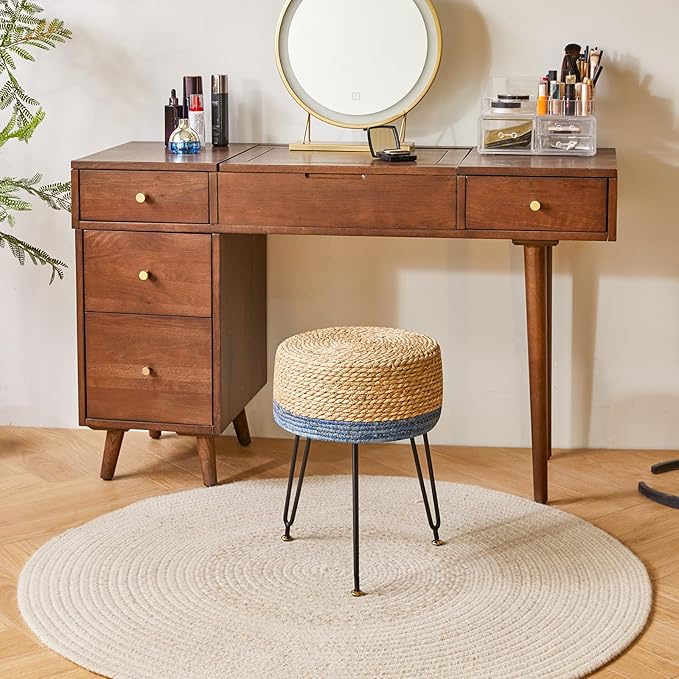 YMYNY Footstool Natural Seagrass Hand Weave, Vanity Makeup Stool, Pastoral Style, Padded Foot Rest with Metal Legs, Foot Rest Sofa Stool, for Living Room, 12.59"L×12.59"W×17.71"H Natural&Blue UHBD029Q