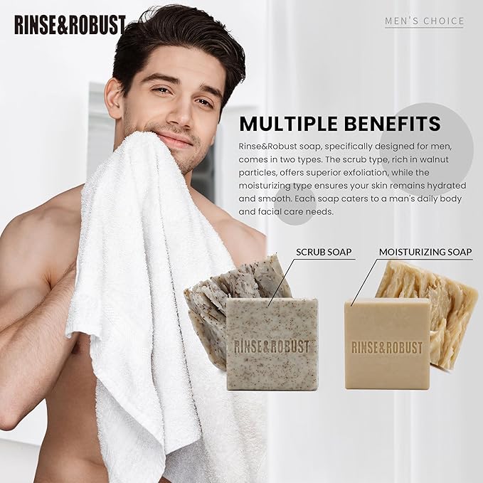 Rinse & Robust Mens Bar Soap 6Pcs Cleansing All Natural Handmade Mens Moisturizing&Exfoliating Oatmeal Scrub Soap Gift for Men Body&Hand All Skin Type|6 Different Scents |5.3 oz of 6 Bars