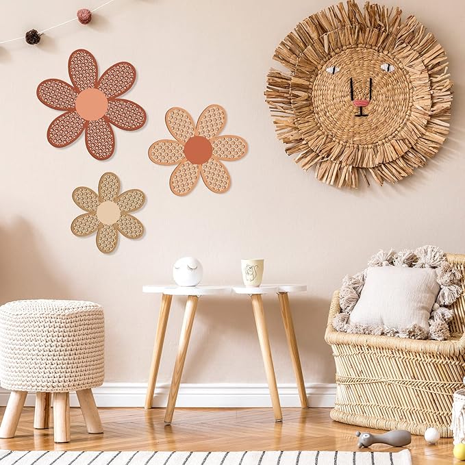Maitys 3 Pieces Boho Daisy Wall Decor Natural Rattan Flower Wall Hanging Art Wooden Boho Art Nursery Flowers Farmhouse Hanging Decor for Home Office Nursery(Fresh Color)