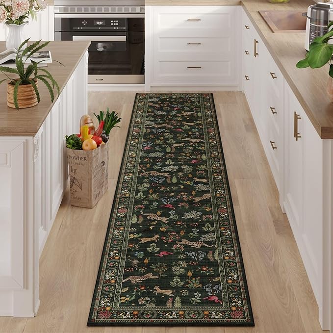 Runner Rug for Kitchen Rug Non Slip 2'x6' Washable Rugs with Rubber Backing Soft Floral Animal Carpet Runner for Kitchen, Laundry, Bedroom, Bathroom (Green)