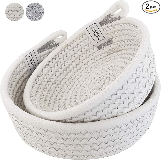 Small Basket Set - 2PC WASHABLE Small Storage Basket 100% Cotton Small Rope Basket 7.5" Small Woven Basket for Key Basket, Mini Basket, Kitchen Basket, Remote Basket (White, Small)
