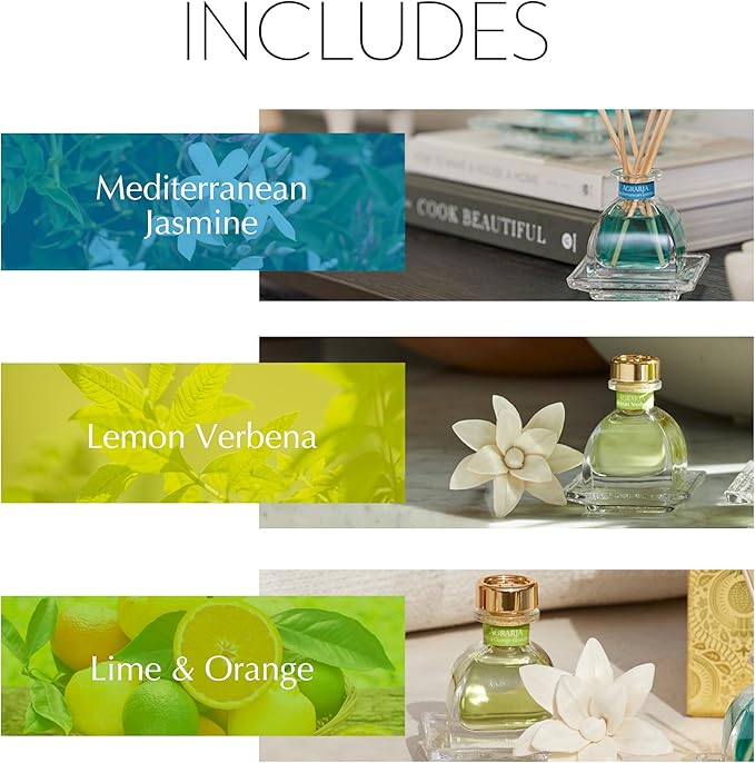 Agraria Citrus & Floral PetiteEssence Collection, Handmade Sola Flower Reed Diffuser Set of 3, 1.7 oz Each, Scented Oil Diffuser Gift Set for Home