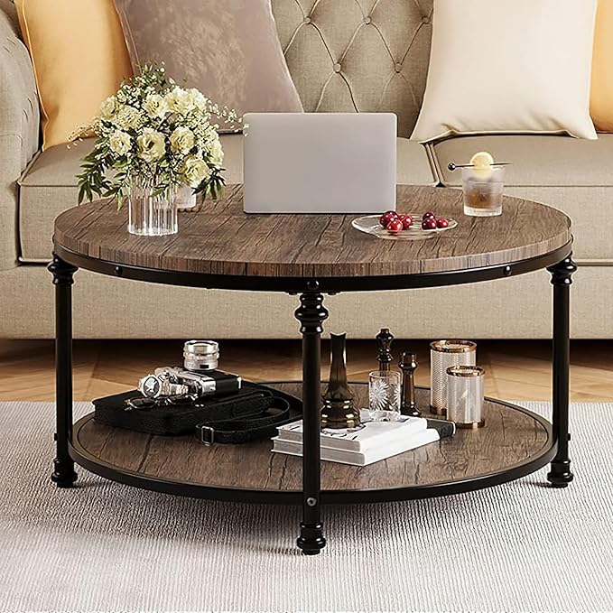 IDEALHOUSE Round Coffee Table for Living Room Rustic Center Table with Storage Shelf Wood Circle Coffee Table with Sturdy Metal Legs, Easy Assembly
