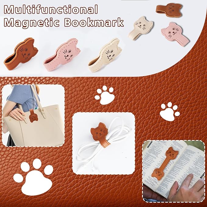 Zkptops Magnetic Leather Bookmarks Cute Cat Book Markers for Reading Women Men Strong Magnet Bookmark Clips Page Mark Unique Books Accessories Gifts for Book Lovers Teachers Students Reader (Brown)