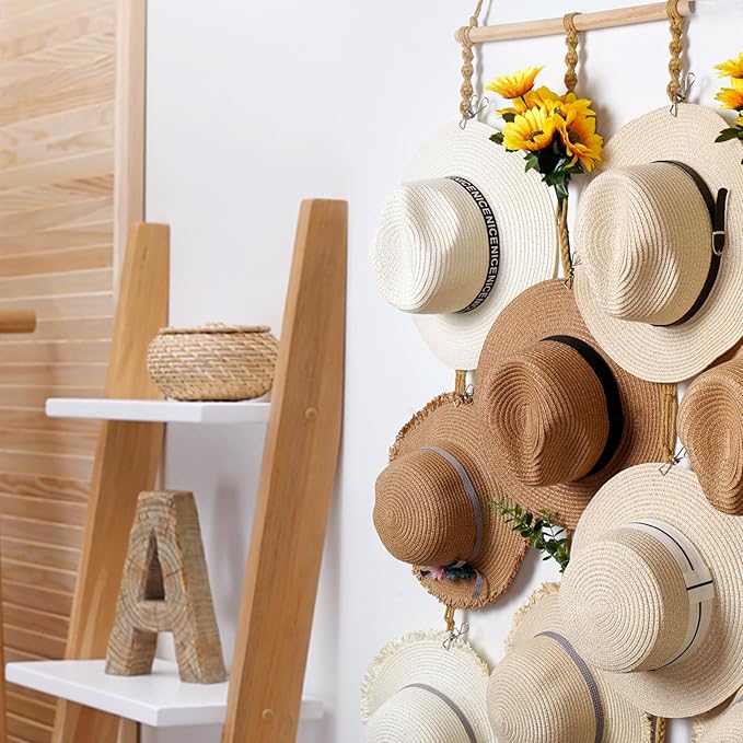 Hat Organizer for Wall Mount 15x53in Boho Hat hanger with 10 Clips Macrame Hat Rack for Wide Brimmed Hat Display Women Hat Holder Western Decor for Fedora Cowboy Beach Hat Brown