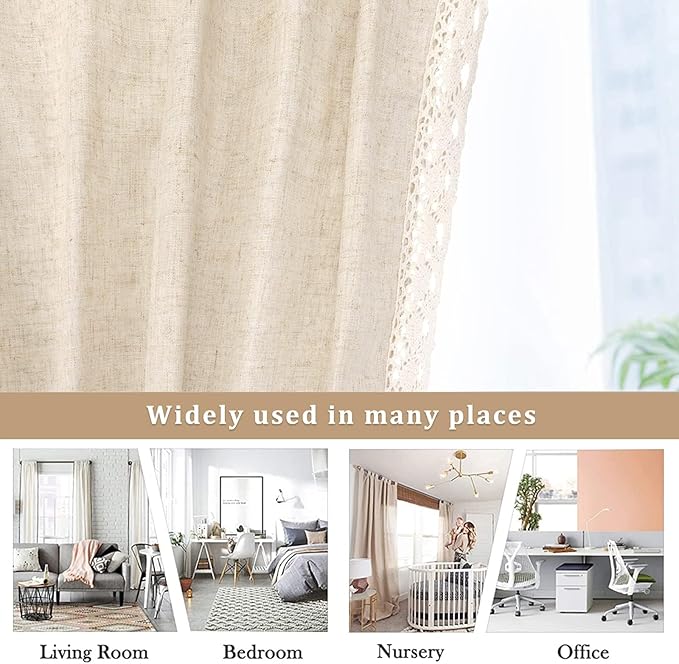 ColorBird Farmhouse Linen Curtains 84 inches Long, 2 Panels Macrame Trim Light Filtering Curtains Rustic Rod Pocket Window Treatments for Dining Living Room Bedroom Doorways
