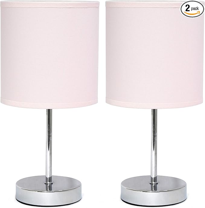 Simple Designs LT2007-BPK-2PK Chrome Mini Basic Table Lamp with Fabric Shade 2 Pack Set, Blush Pink