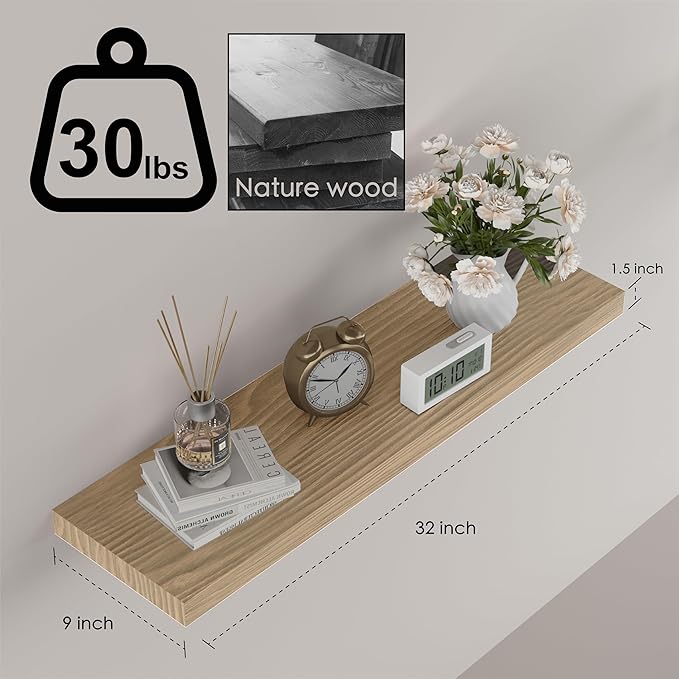 Floating Shelves for Wall - 32 x 9 Inch Natural Wood Shelves for Bathroom, Bedroom, Kitchen Decor, Farmhouse Decor Set of 2, Natural Wood