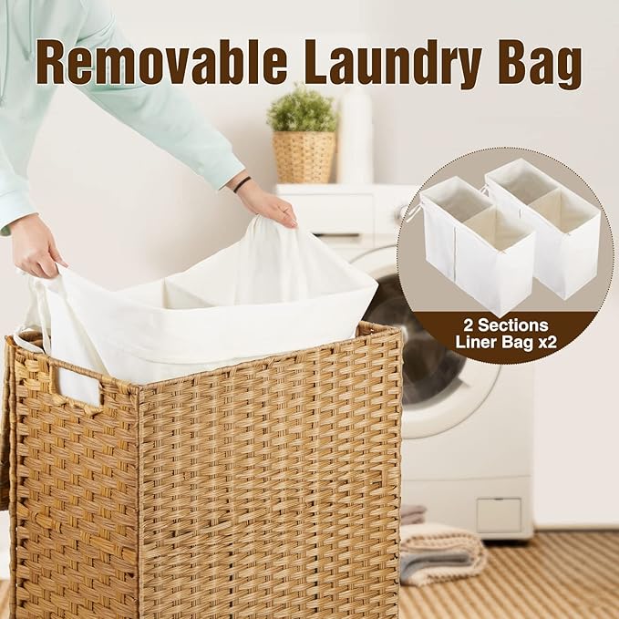 Greenstell Laundry Hamper with Wheels, No Install Needed, 110L Divided Handwoven Hampers & 2 Removable Liner Bags, Synthetic Rattan Clothes Laundry Basket with Lid & Handles, Foldable Hampers Natural