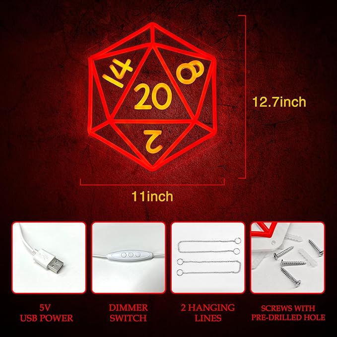 DND Dice Neon Signs for Wall Decor,Cool Dimmable Dungeons and Dragons Dice Game LED Sign,13x11 inch USB Powered Dimmable Neon Light for Man Cave, Game Room, Bedroom, Party Decoration Gifts