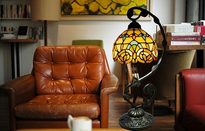 Tiffany Lamp,21x11x8 inches Stained Glass Lamp,Beige Baroque Tiffany Style Table Lamp with Three-Color Dimming for Bedside Table,Dining Table,Antique Office