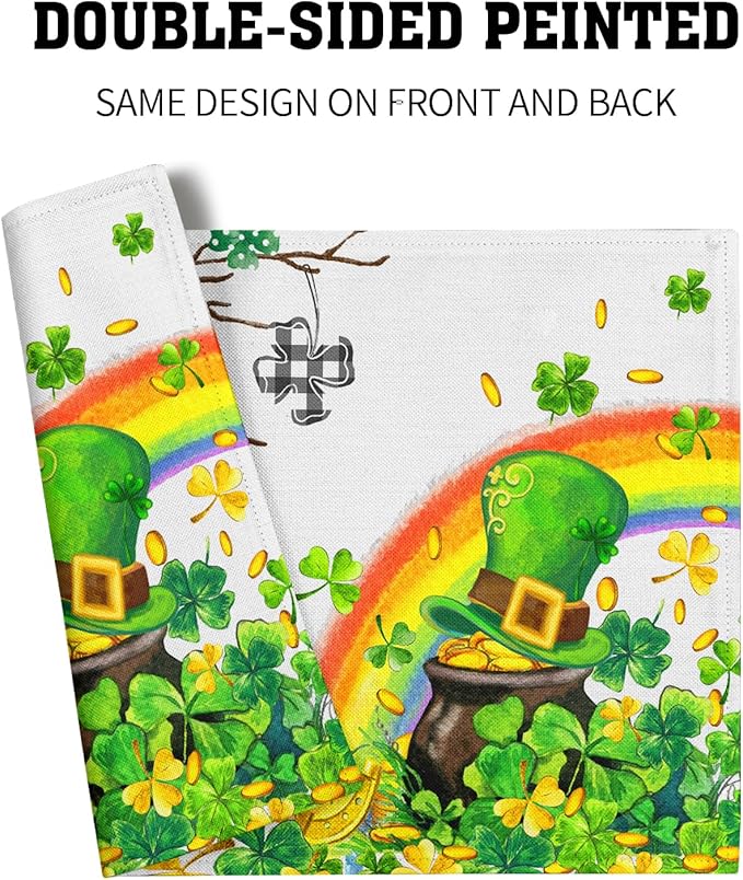 Giwawa St Patricks Day Placemats Set of 4-12"x18" Lucky Clover Tree Elf Hat Place Mat- Spring Shamrock Rainbow Colorful Linen Washable Table Mats for Kitchen Dining Holiday Party Tabletop Decor