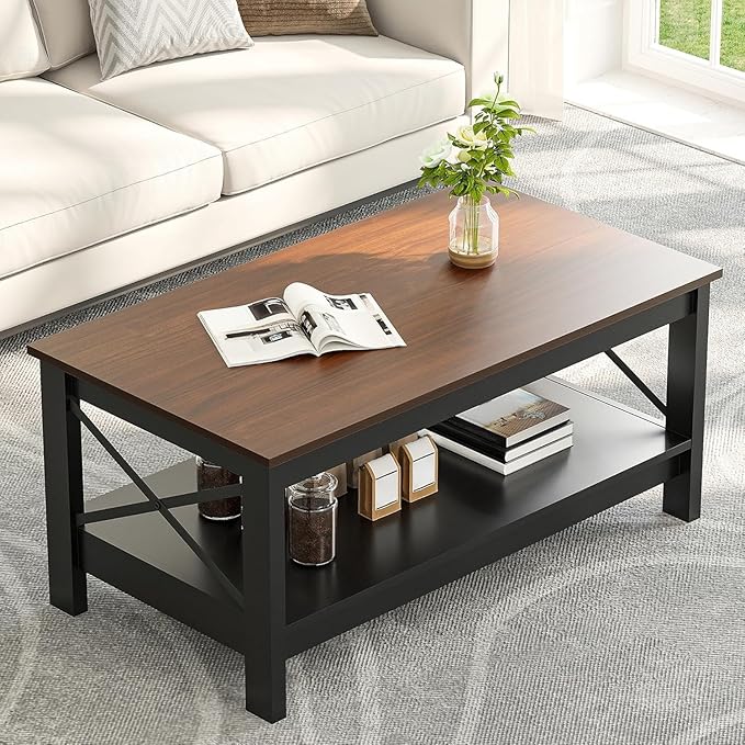 YITAHOME Coffee Tables for Living Room, Modern Farmhouse Coffee Table with Storage, 2-Tier Center Table Wood Living Room Table Accent Cocktail with Sturdy Frame, Brown and Black