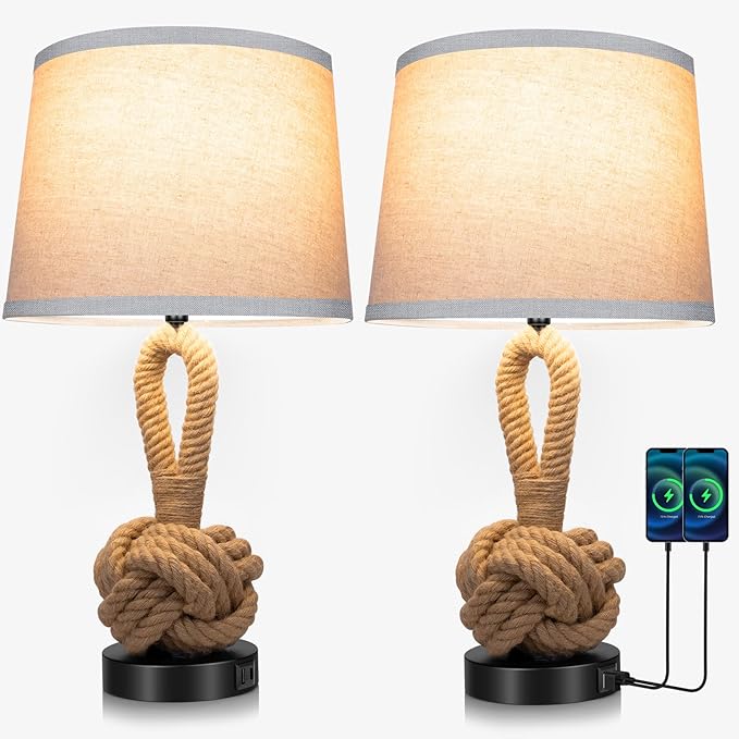 22" Rope Lamps for Night Stands, Bedside Lamps Set of 2, Boho Table Lamps for Living Room End Tables, 3-Color Temperatures Boho Lamp with Rotary Switch, Rattan Lamp with USB Ports, Bulbs Included