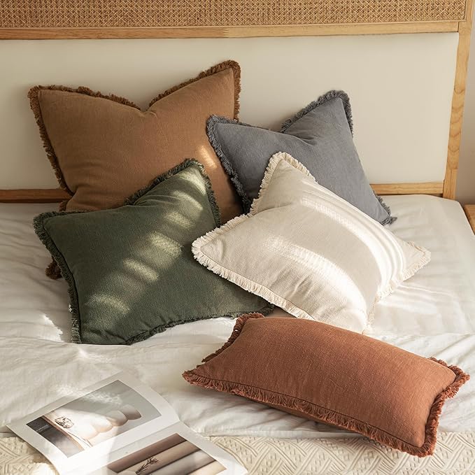 MIULEE Decorative Throw Pillow Covers Neutral Linen Fringe Throw Pillows Set of 2 Olive Green Boho Farmhouse Cushion Covers with Tassels for Couch Sofa Bed Living Room Spring Home Decor 16x16 Inch