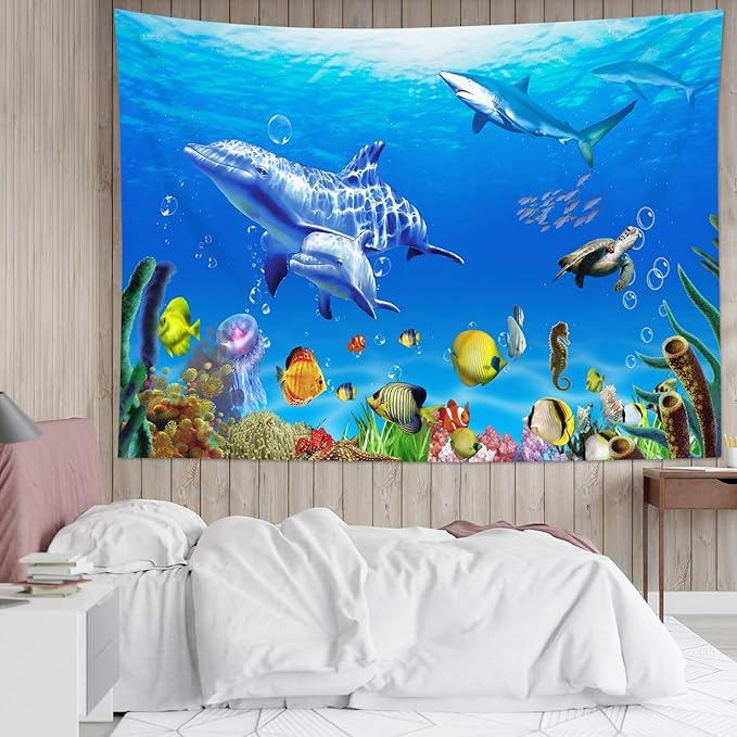 HVEST Blue Ocean Dolphin Tapestry Shark Sea Turtle and Tropical Fish Coral Wall Art Summer Nature Landscape Tapestry Wall Hanging for Kids Bedroom Living Room Dorm Party Wall Decor,92.5W X 70.9H inch