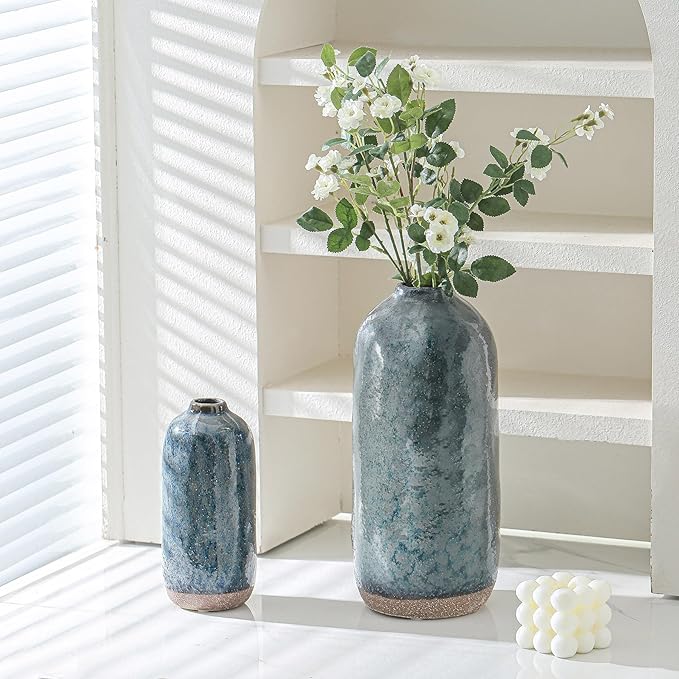 Flower Vase,Grey Blue Ceramic Vases Set of 2,Flower Vase for Home Decor,Decorative Vase for Pampas Grass, Boho Decorative Vase for Home Living Room Dining Table Farmhouse Office Decor