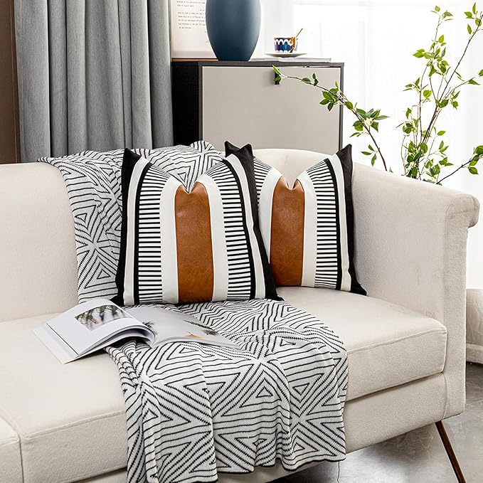 Set of 2 Boho Decor Faux Leather and Cotton Throw Pillow Covers 24x24 Rustic Canvas Cushion Cover Black White Farmhouse Stripe Pillow Case for Sofa Couch Chair Bedroom