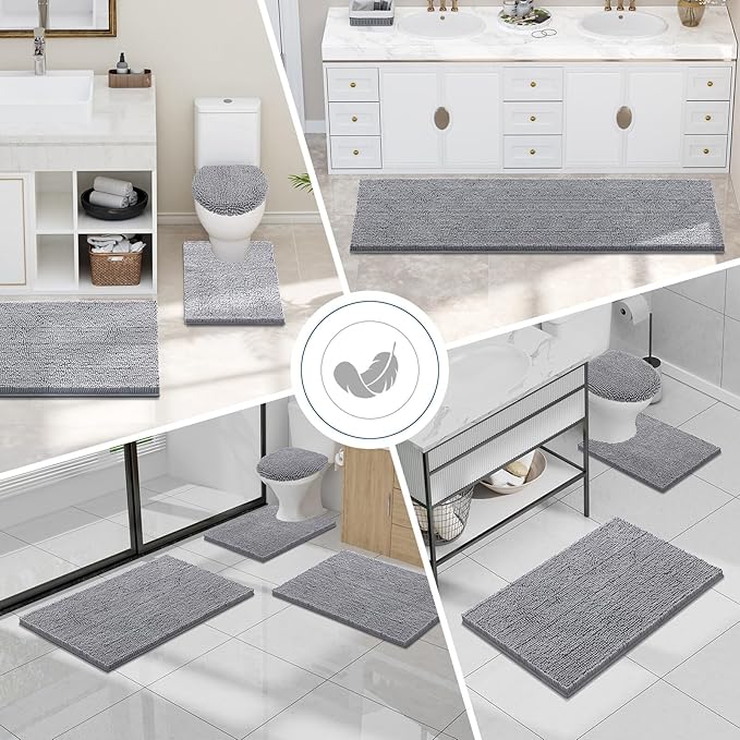 Smiry Luxury Chenille Bathroom Rugs 24x16, Extra Soft and Absorbent Shaggy Bath Mat, Machine Washable, Non-Slip Plush Carpet Runner for Tub, Shower, and Floor, Home Decor Accessories, Grey