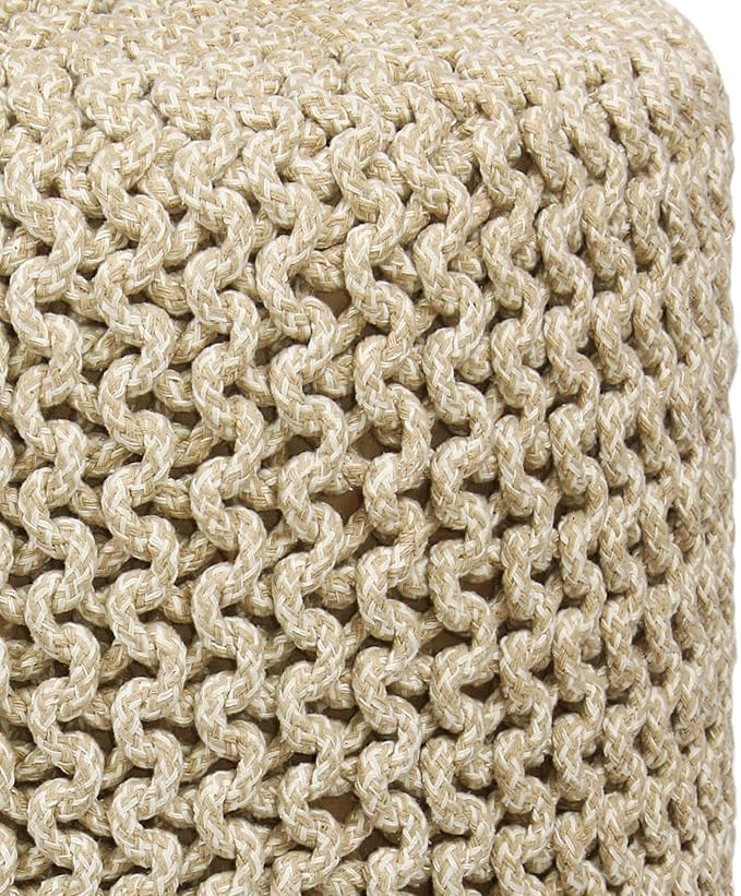 COTTON CRAFT Braided Round Pouf - Hand Knitted Cotton Tweed Cord Cable Dori Cylindrical Ottoman - Foot Stool Floor Pouf Footrest Accent Furniture - Family Room Bedroom Dorm Décor - 15" x 16" - Natural