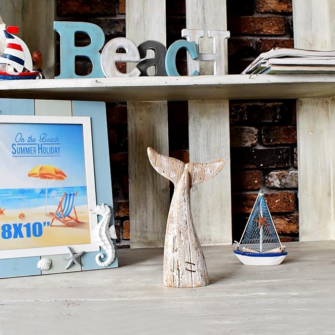 Morning View Whale Tail Decor Tabletop Nautical Decor Wood Whale Sculpture Rustic Whale Tail Statue Carved Figurine Coastal Home Beach House Decor Ocean Mediterranean for Shelf Bathroom 8.5 Inch Tall