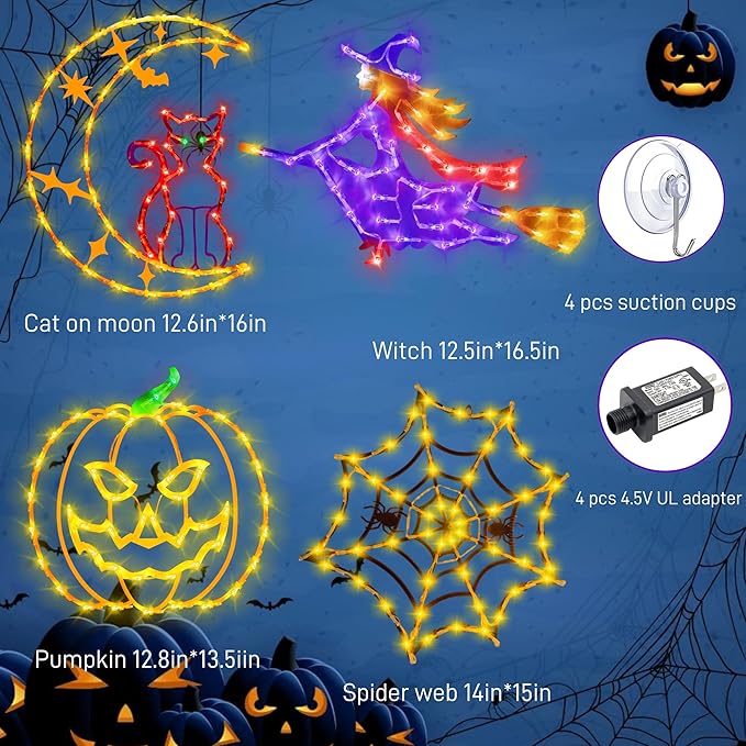 Halloween Decorations - 16" Halloween Window Silhouette Lights - 4 Pack Colour Lighted Cat on Moon & Witch & Pumpkin & Spider Web for Holiday Indoor and Outdoor Wall Door Window Decorate
