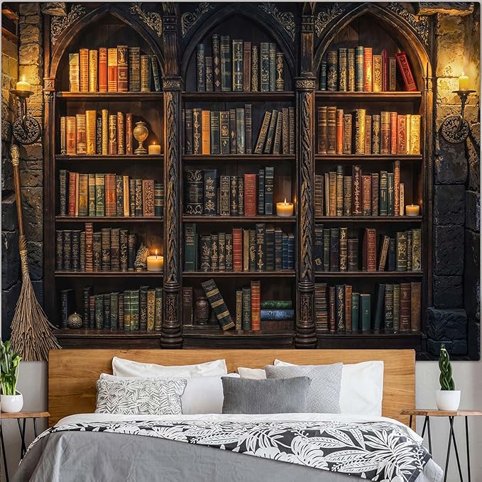 Lunerfex Vintage Bookshelf Library Tapestry Wall Decor Tapestry for Bedroom Art Tapestries Wall Hanging for Bedroom Living Room Bookshelf03 44"x60"
