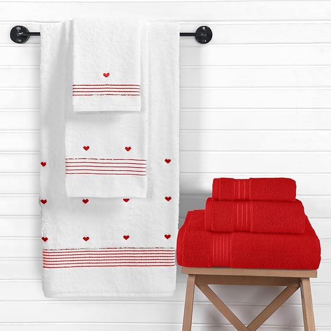 Elegant Comfort Premium Cotton 6-Piece Towel Set, Includes 2 Washcloths, 2 Hand Towels and 2 Bath Towels, 100% Turkish Cotton - Highly Absorbent and Super Soft Towels for Bathroom, Hearts