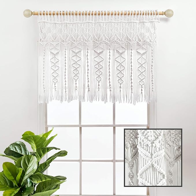 Lush Decor Boho Macrame Textured Cotton Valance, 40" W x 30" L, White - Boho Kitchen Curtains & Wall Decor - Macrame Valance - Bathroom Window Curtains