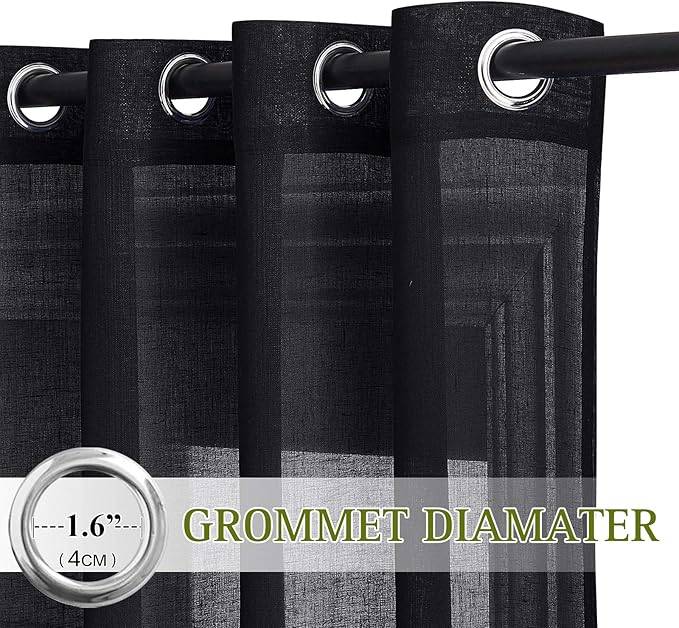 NICETOWN Natural Flax Sheer Linen Curtains Grommet Top, Semitransparent Vertical Blinds Solid Cool Window Treatment Privacy with Light Filter for Boys Bedroom, Black, W52 x L45, Set of 2