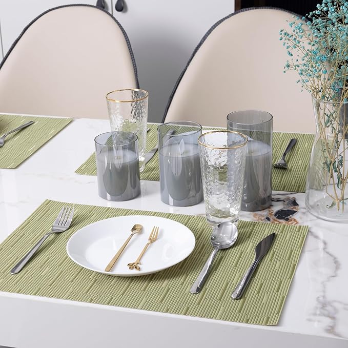 Winknowl Placemats Set of 4, Heat Resistant Stain Resistant Woven Vinyl Insulation Place mats, Durable Washable Elegant Table Mats for Kitchen Dining Table Decor (Bamboo Green)