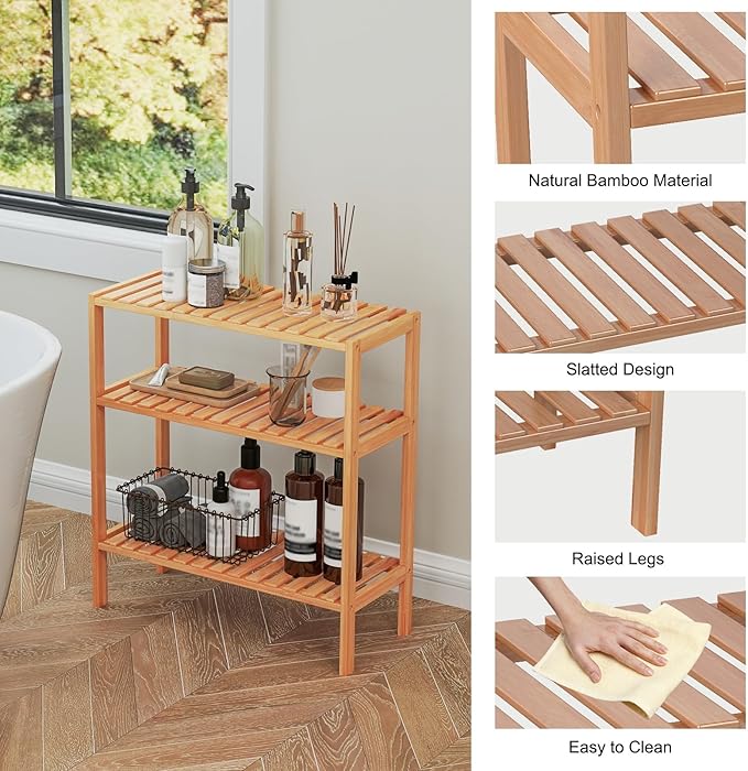 kinbor Bamboo Rack Multifunctional Bathroom Kitchen Living Room Holder Plant Flower Stand Utility Storage Shelf (3-Tier)